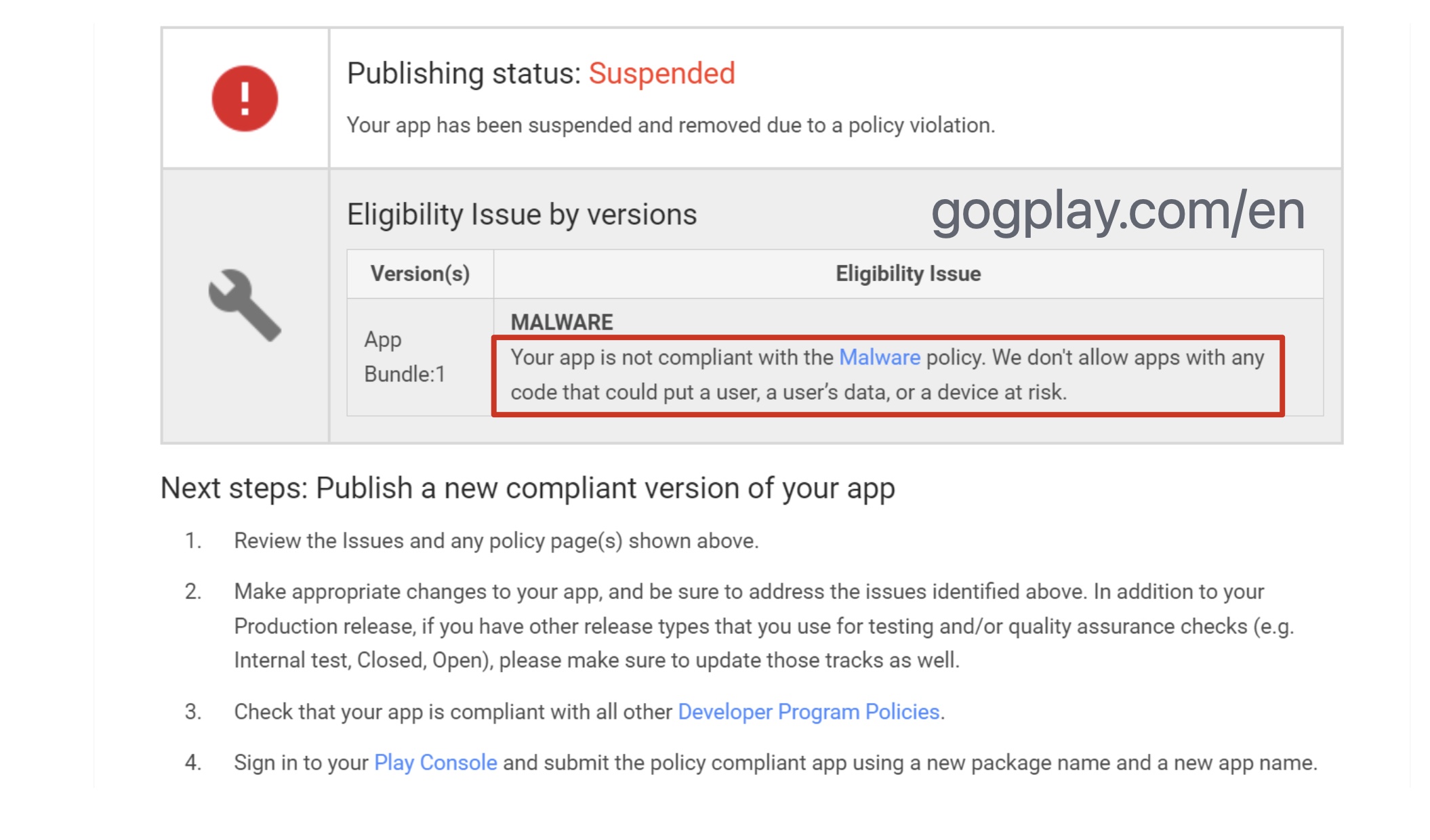 Google Play 开发者提审封号 : 恶意软件、移动垃圾软件和行为透明度等拒绝上包问题